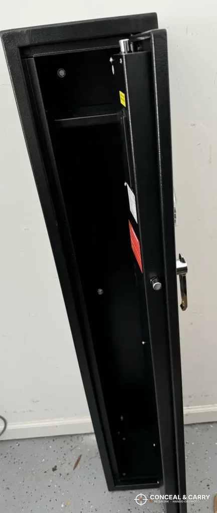 Barska biometric rifle safe with the door open on an empty cabinet