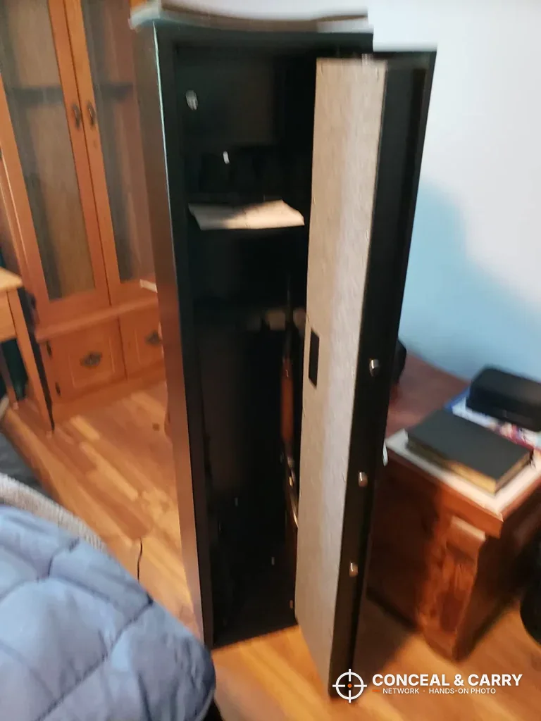BBRKIN rifle safe door open showing the top shelf and the inside of the door