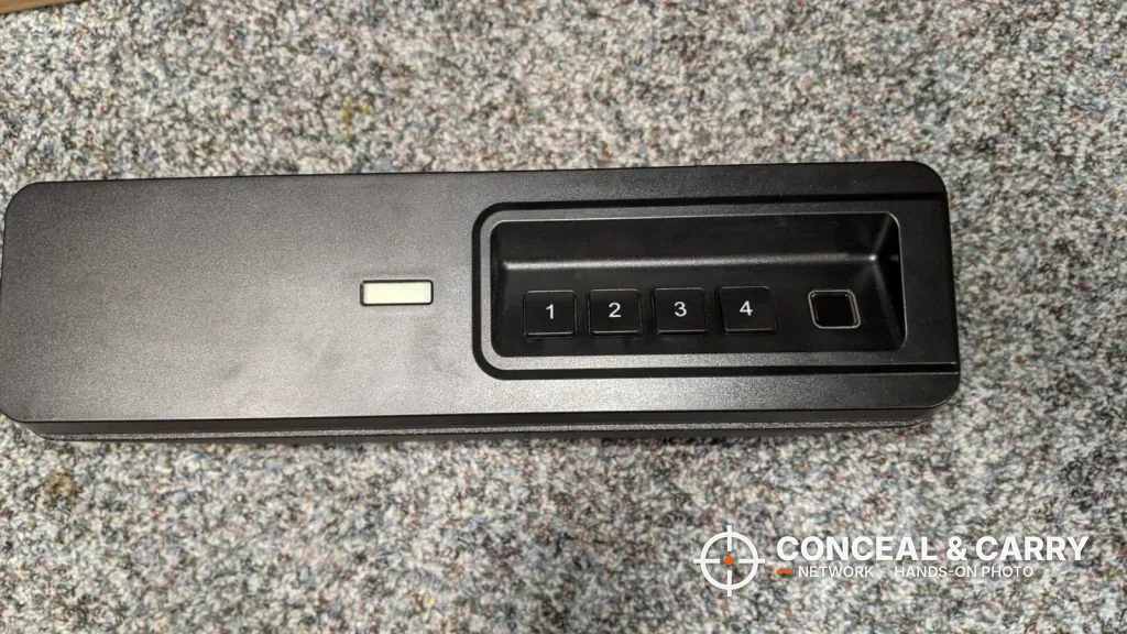 BBRKIN Slide-Away safe closed, front view with four-button keypad and fingerprint reader