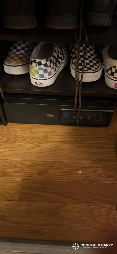 BBRKIN Slide-Away safe mounted under a shelf with shoes on top