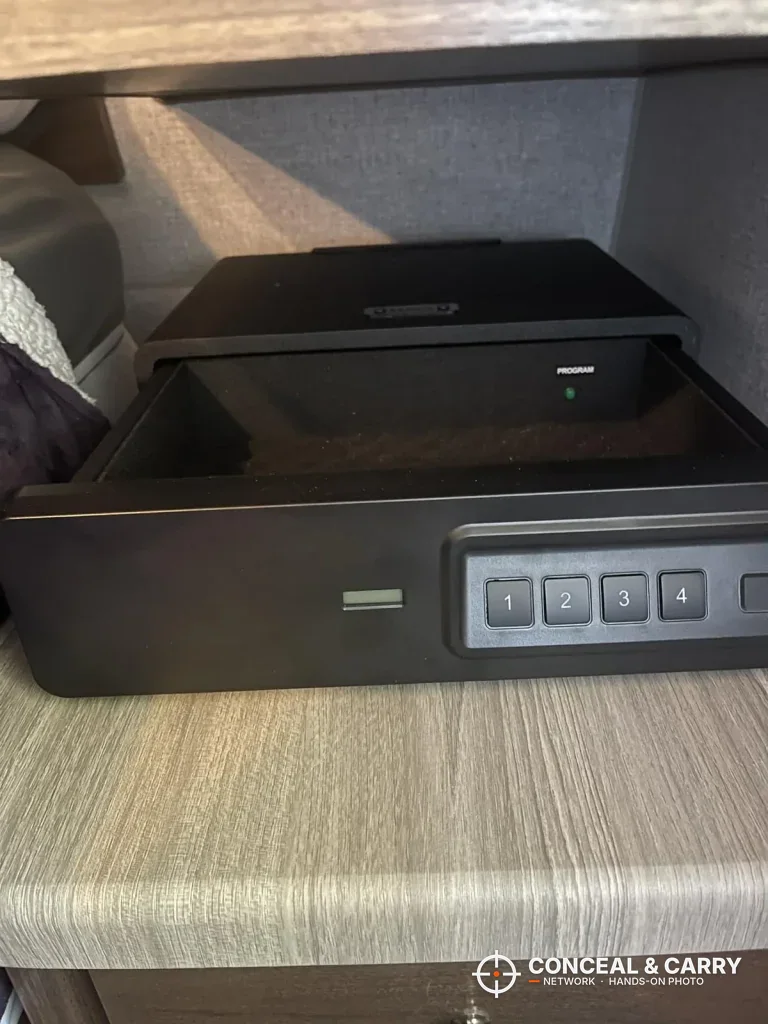 BBRKIN Slide-Away safe with the drawer slid out on a shelf