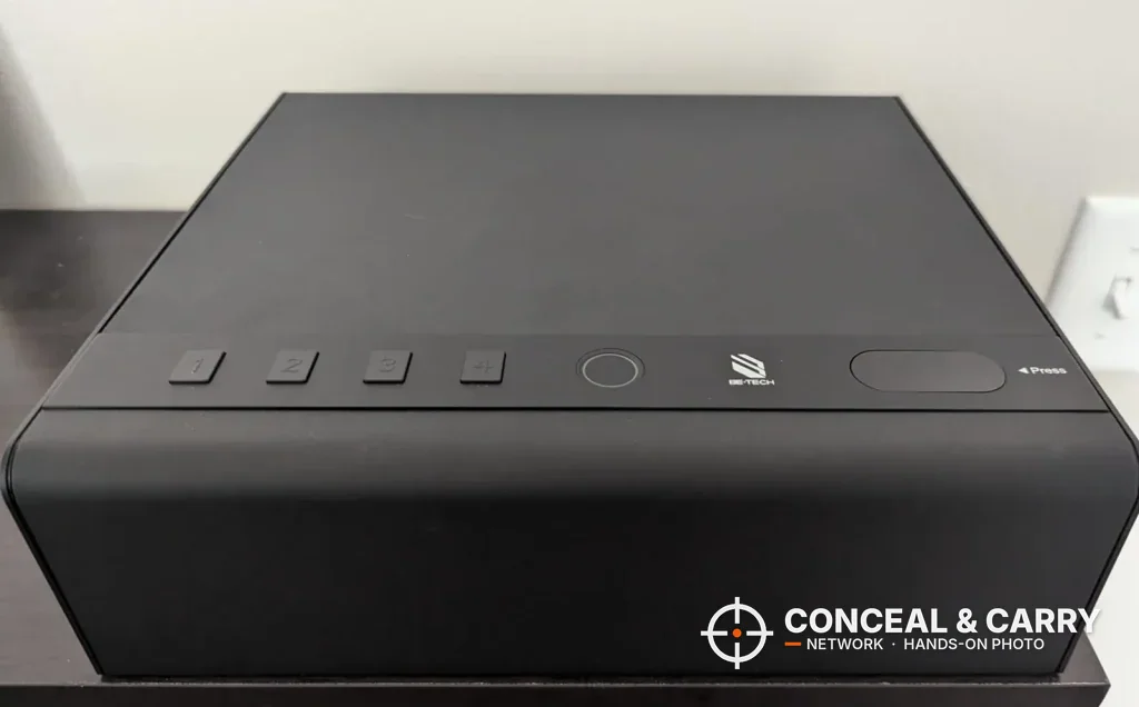 BE-TECH biometric pistol lock box closed, front view