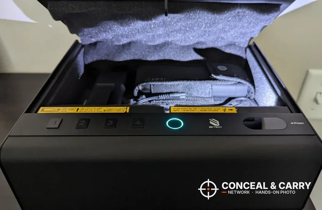 BE-TECH lock box lid open with gear packed inside