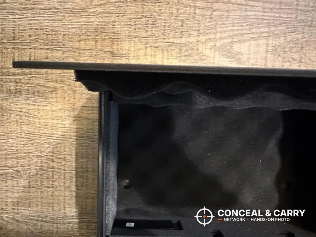 BE-TECH lock box open showing foam in the lid and floor