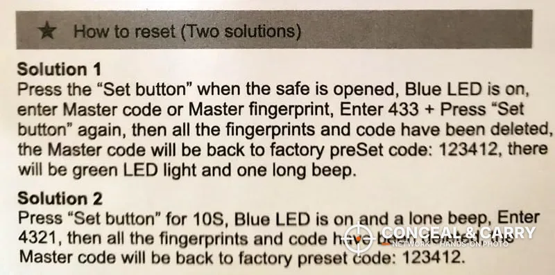 BE-TECH lock box manual page showing two reset methods
