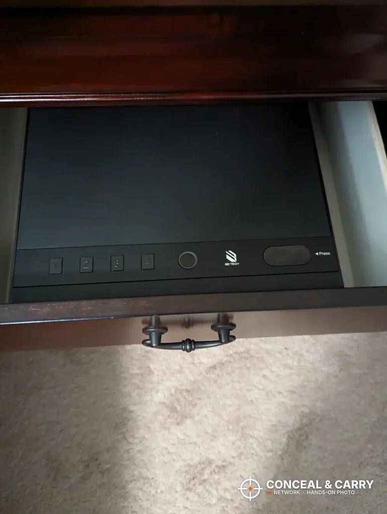 BE-TECH lock box closed inside an open dresser drawer