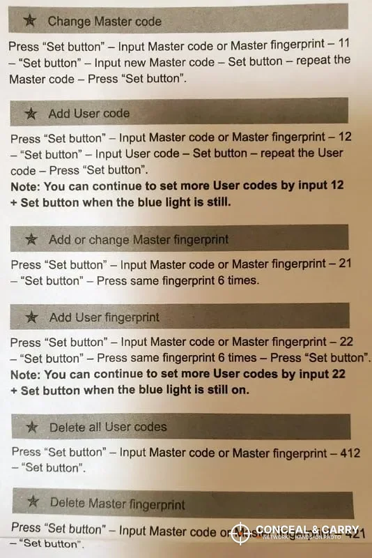 BE-TECH lock box manual page on adding user codes and fingerprints
