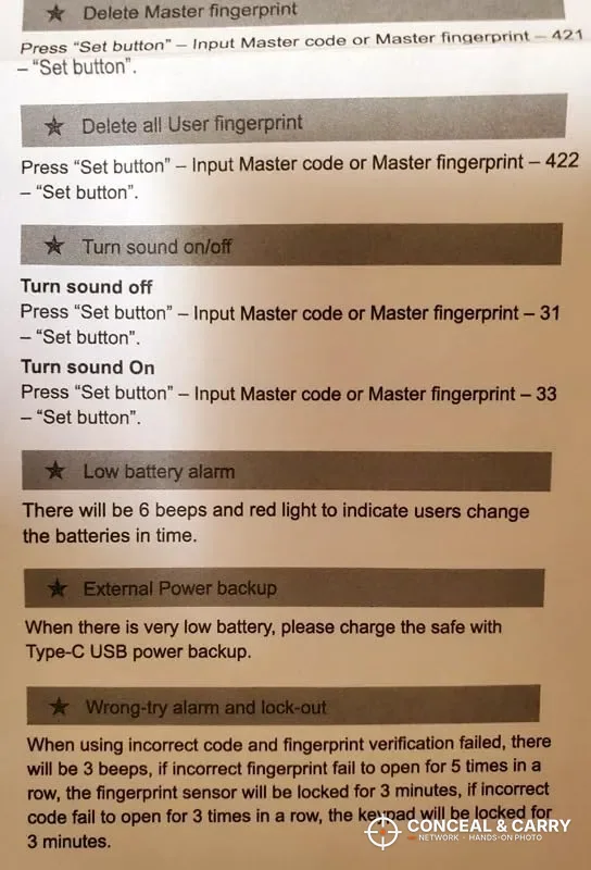 BE-TECH lock box manual page on sound, low battery and lockout settings