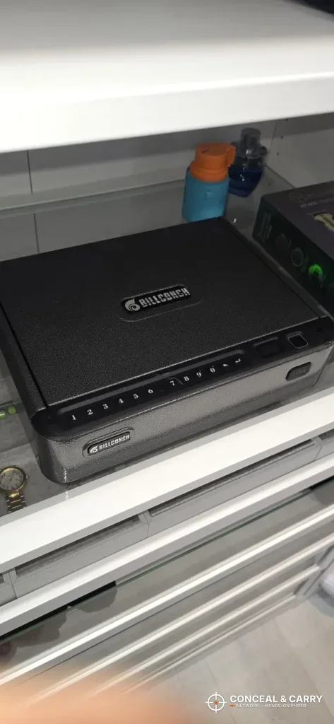 BILLCONCH handgun safe closed in a white drawer unit
