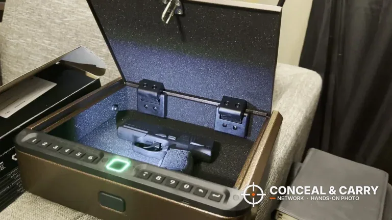 BILLCONCH biometric handgun safe open with the interior light on and a pistol inside