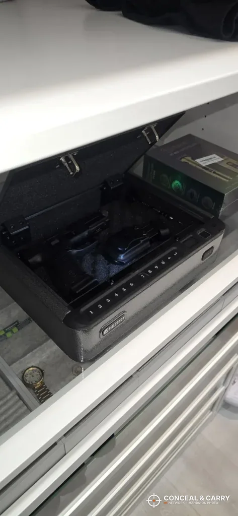 BILLCONCH handgun safe open in a white drawer unit