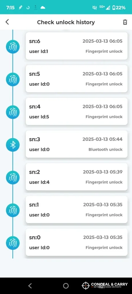 BILLCONCH safe app unlock history screen listing users and unlock times