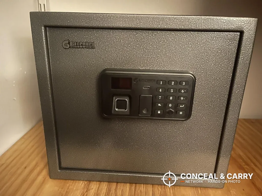 Billconch multi-pistol smart safe front with the LCD screen, fingerprint reader and keypad