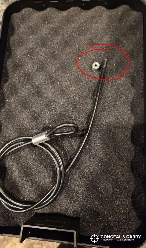 Dalmbox security cable anchored inside the foam-lined box