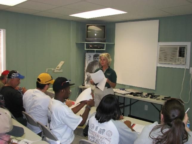 Dianne Raper, assistant instructor, preparing the class for the safety test