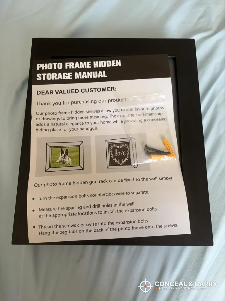 Dononr photo frame hidden storage manual resting inside the frame