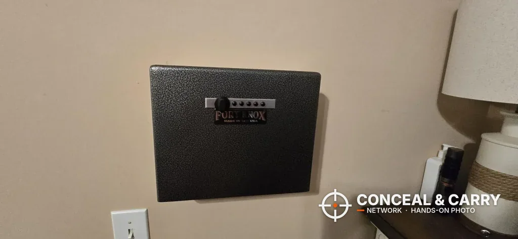 Fort Knox PB1 mounted on a bedroom wall beside a nightstand and lamp