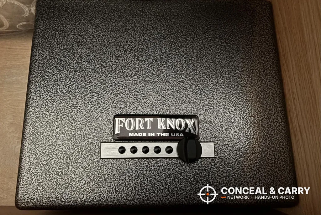 Fort Knox PB1 front plate with the Made in USA badge, five pushbuttons and the turn knob