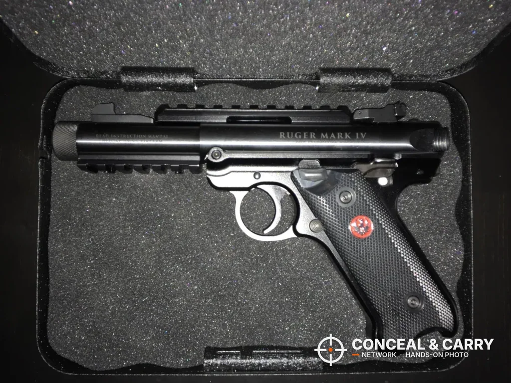Ruger Mark IV pistol lying in the open FSDC MLC5200 steel lock box