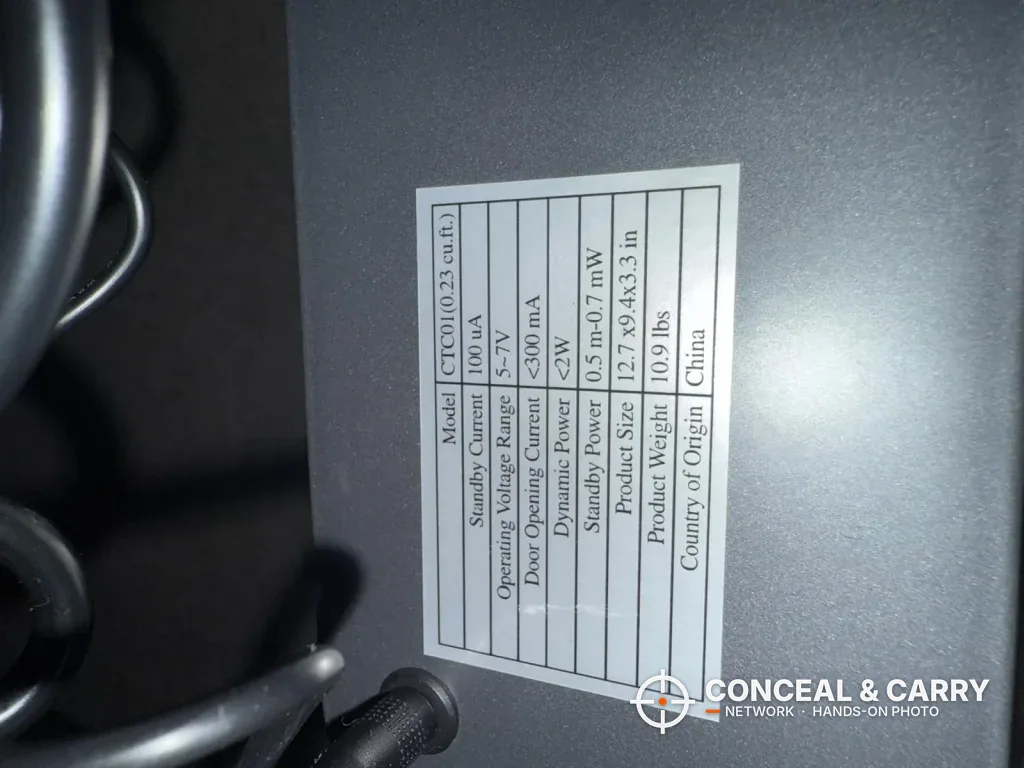 Spec label on the FTOP clock gun safe