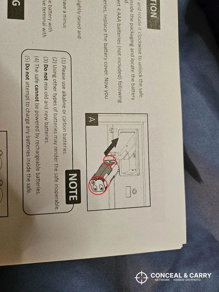 Grimtron heavy-duty biometric safe manual page with a diagram and a note box