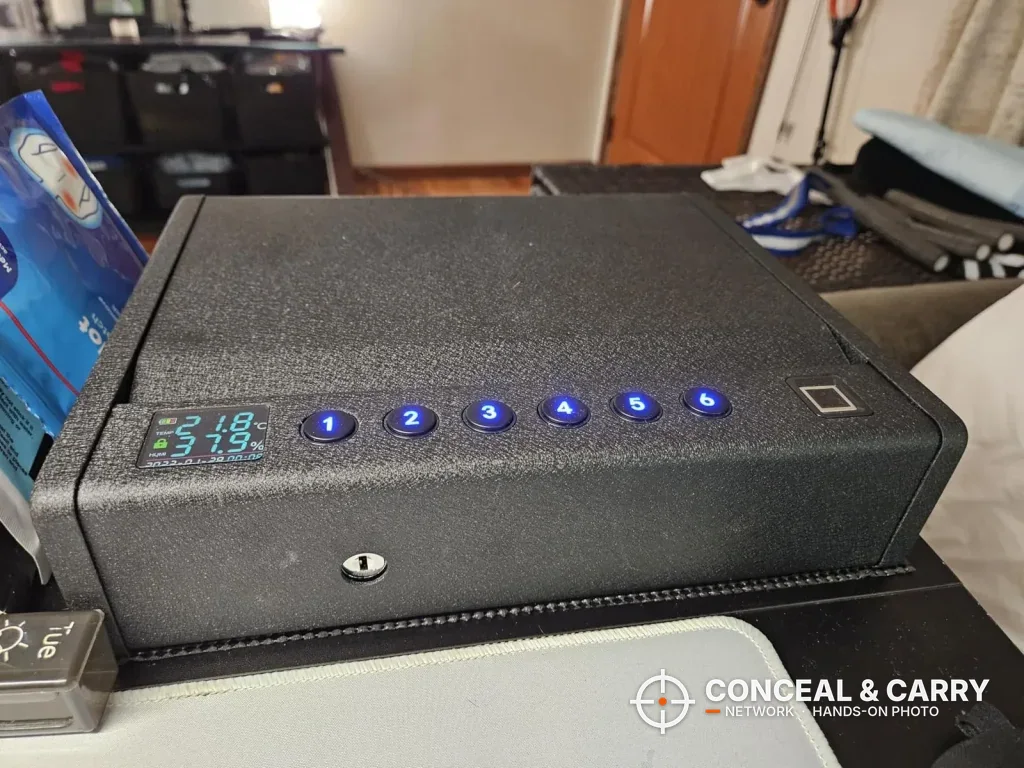 Grimtron heavy-duty biometric safe closed, with the key lock under the keypad