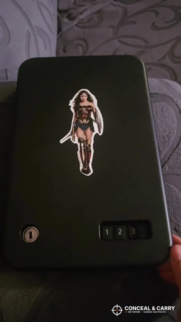 Grimtron car gun safe lid with a decal stuck on it