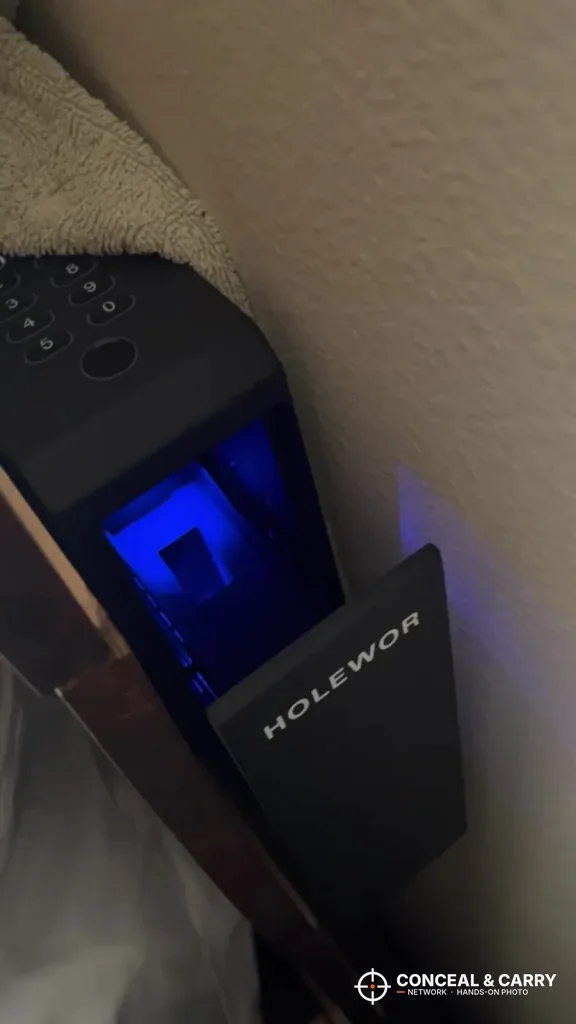 HOLEWOR slider drawer open with the blue interior light on