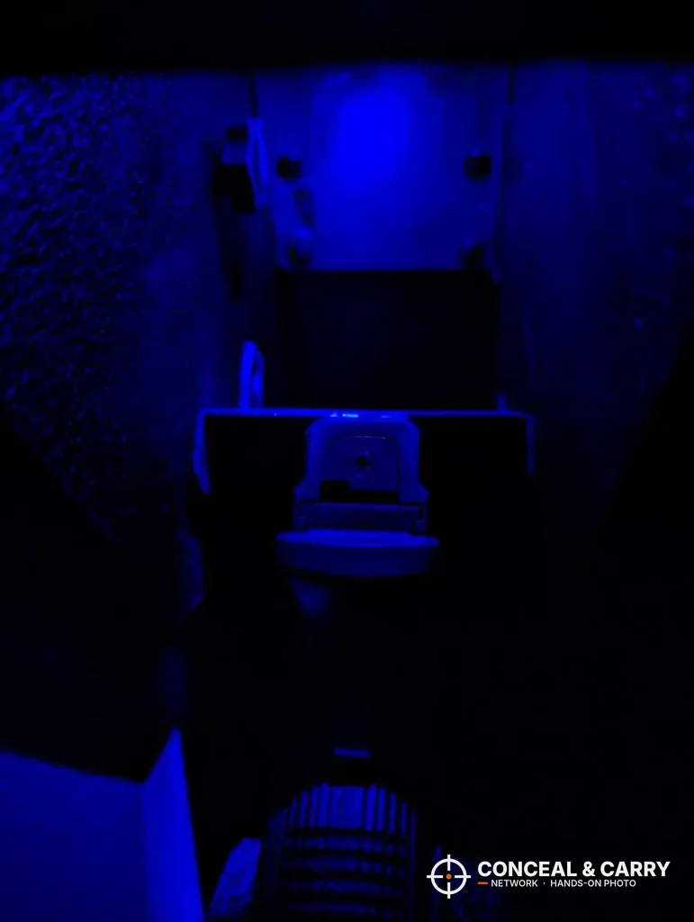 Blue interior light inside the open HOLEWOR drop-down safe in the dark