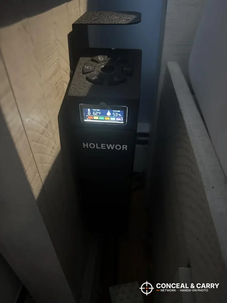 HOLEWOR drop-down safe mounted in a narrow gap with the display lit