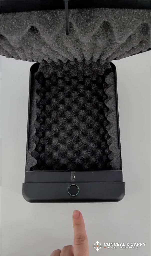HOLEWOR small biometric lock box open with egg-crate foam and the fingerprint reader on the front edge