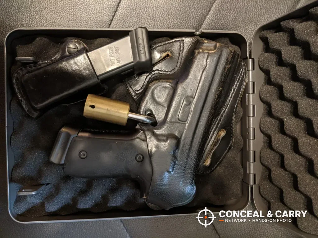 Holstered pistol and magazine carrier inside the Hornady Lockbox