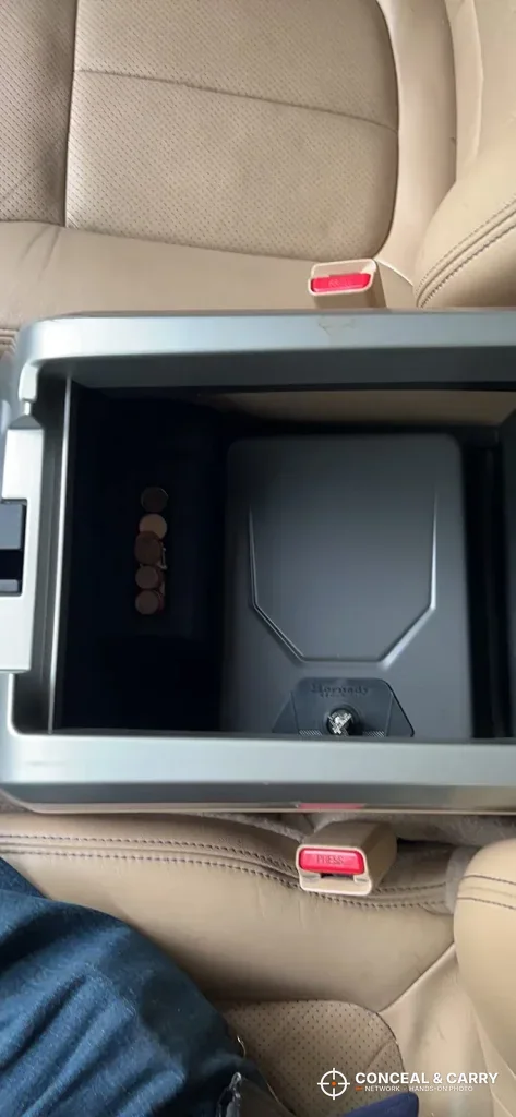 Hornady Lockbox sitting in a vehicle center console