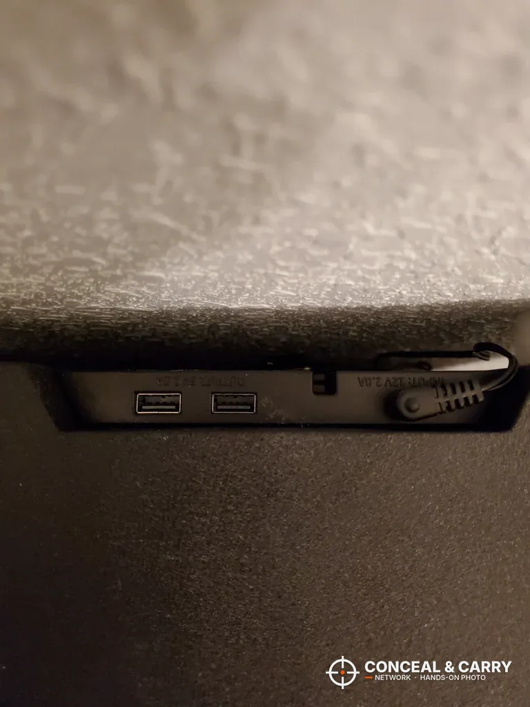 Two USB-A ports and the power plug on the edge of the Hornady Night Guard