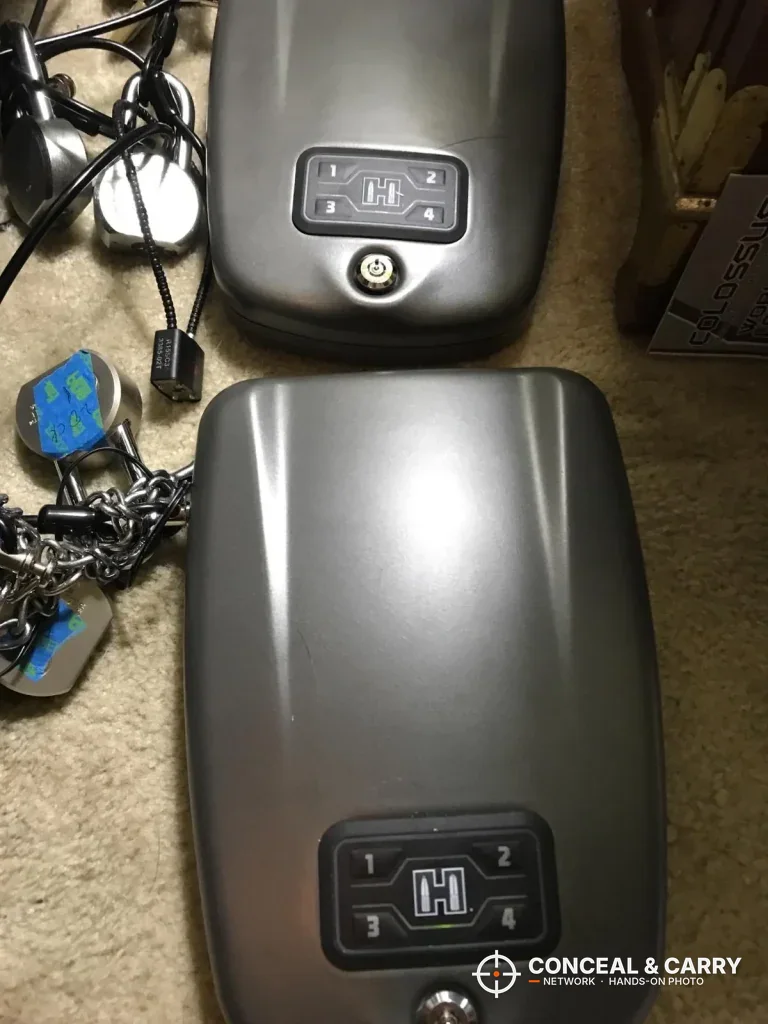 Two Hornady RAPiD Safe RFID boxes side by side, seen from the top