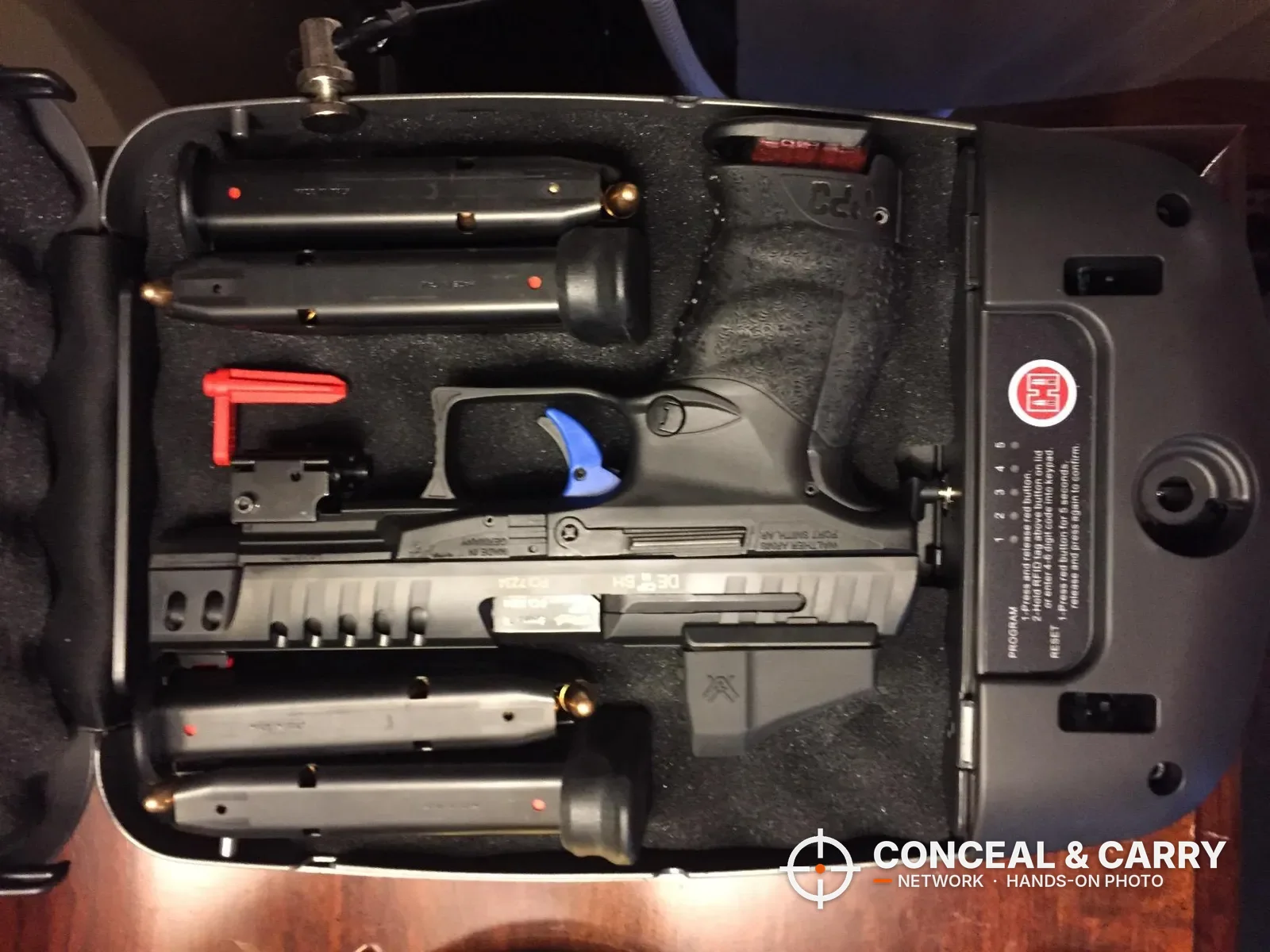Hornady RAPiD Safe RFID open with a pistol and spare magazines