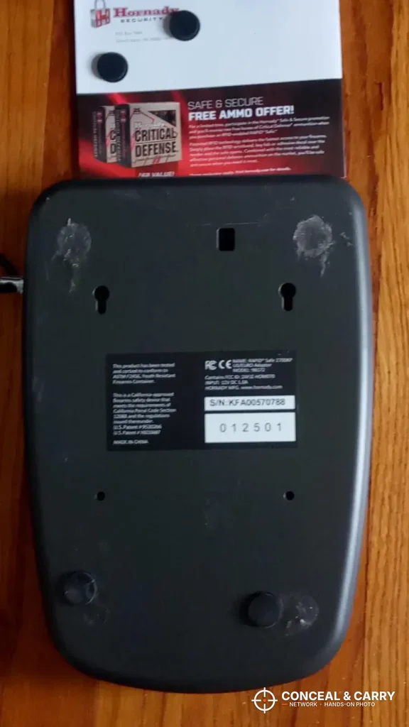 Underside of the Hornady RAPiD Safe RFID with its label