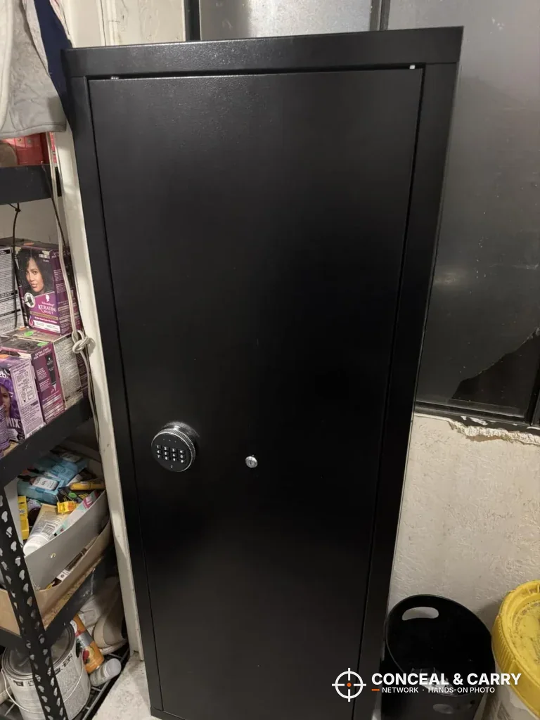 INTERGREAT long gun cabinet closed, front view with the round fitting and keyhole