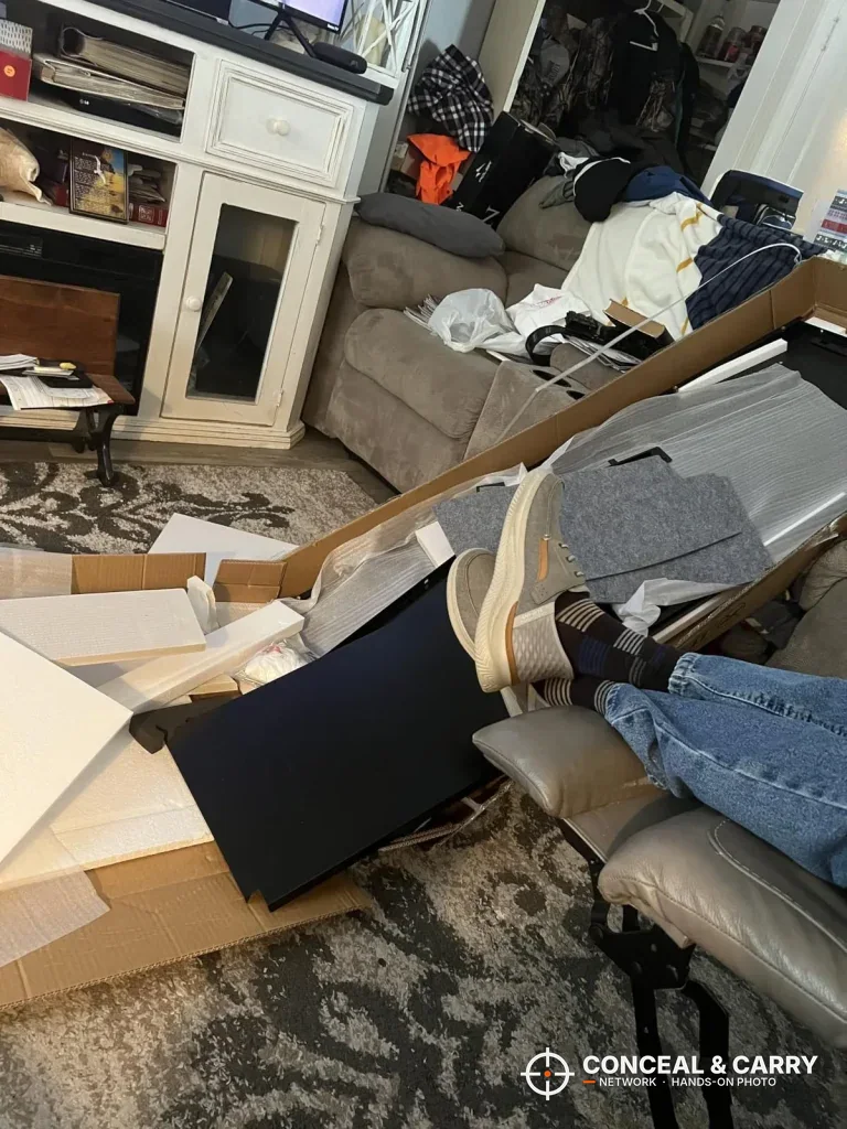 INTERGREAT gun cabinet being unpacked among cardboard and packing material