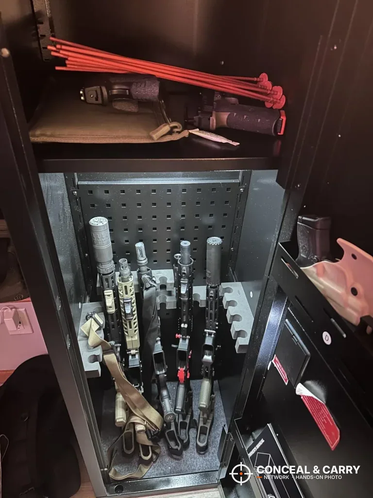 KAER 12-15 gun cabinet open and loaded with guns and gear