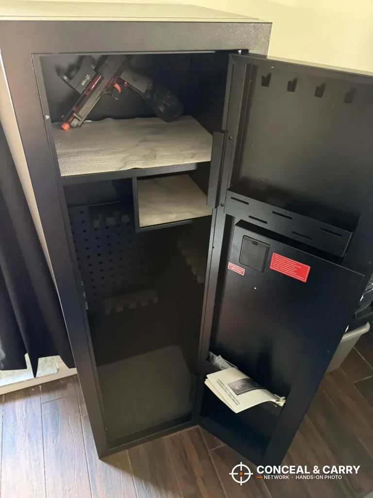 KAER 13-16 gun safe open with shelves above and storage on the door