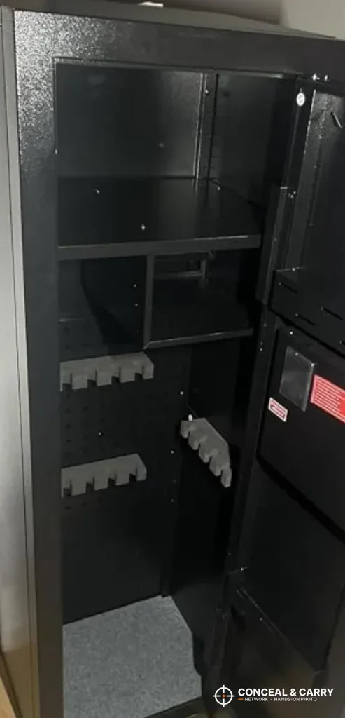 KAER 13-16 gun safe interior with two rows of notched racks and a shelf