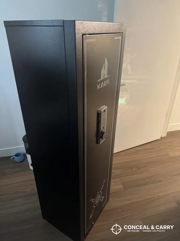 KAER 13-16 gun safe standing closed on a wood floor
