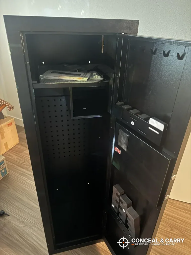 KAER 13-16 gun safe door open with a top shelf, pegboard panel and door storage