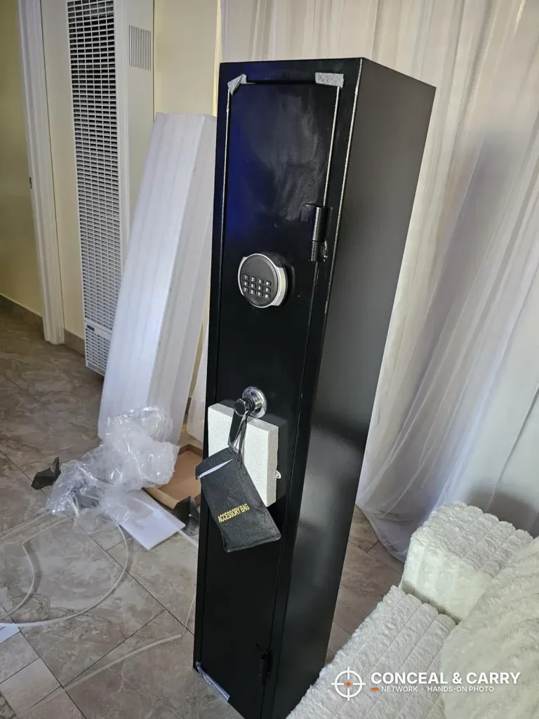 KAER 2-3 gun rifle safe just unpacked, with wrapping on the floor