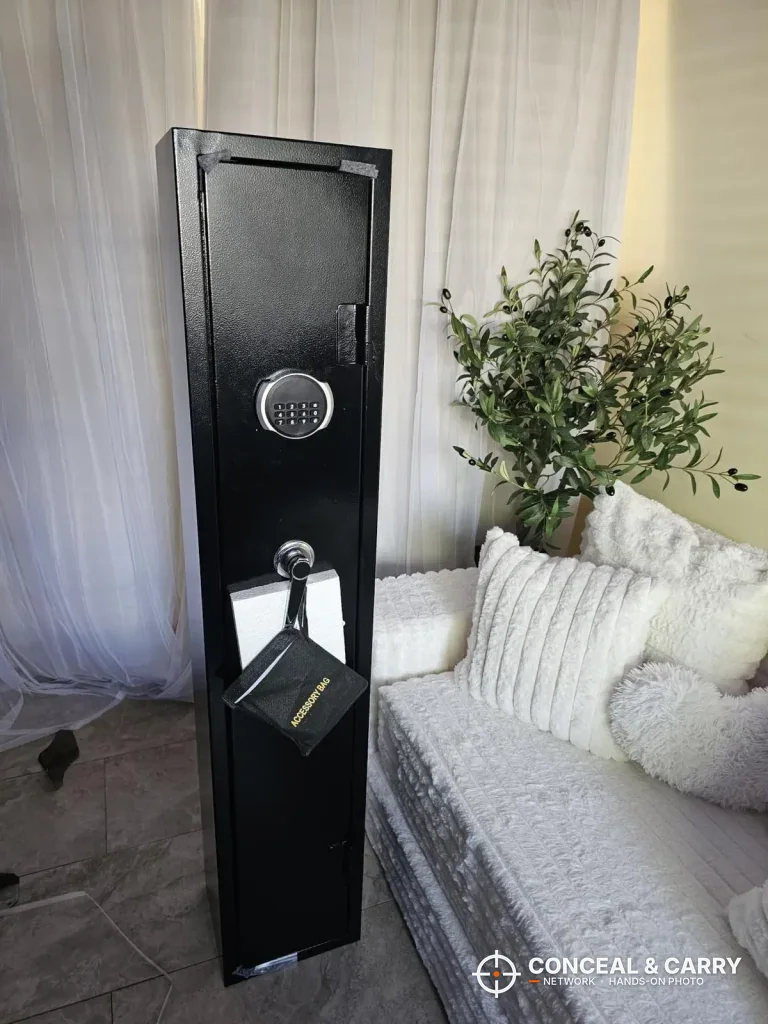 KAER 2-3 gun rifle safe standing closed in a living room