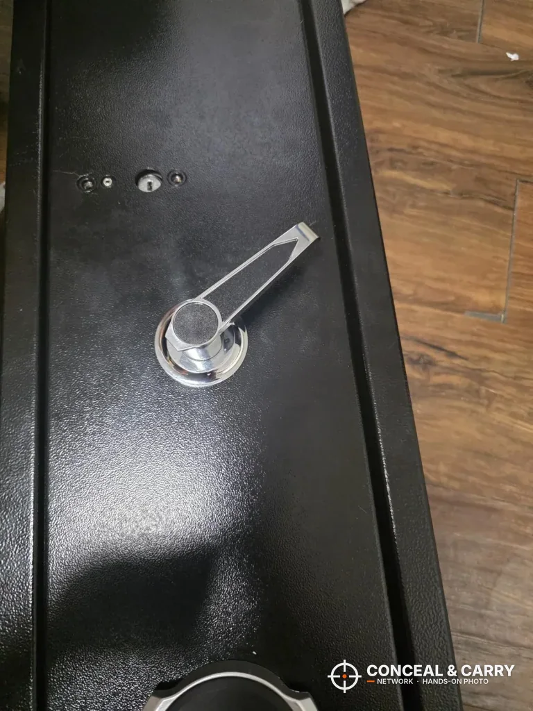 Close-up of the KAER 2-3 gun rifle safe lever handle