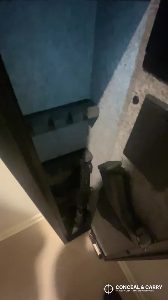 Inside the KAER 2-3 gun rifle safe with its gray lining