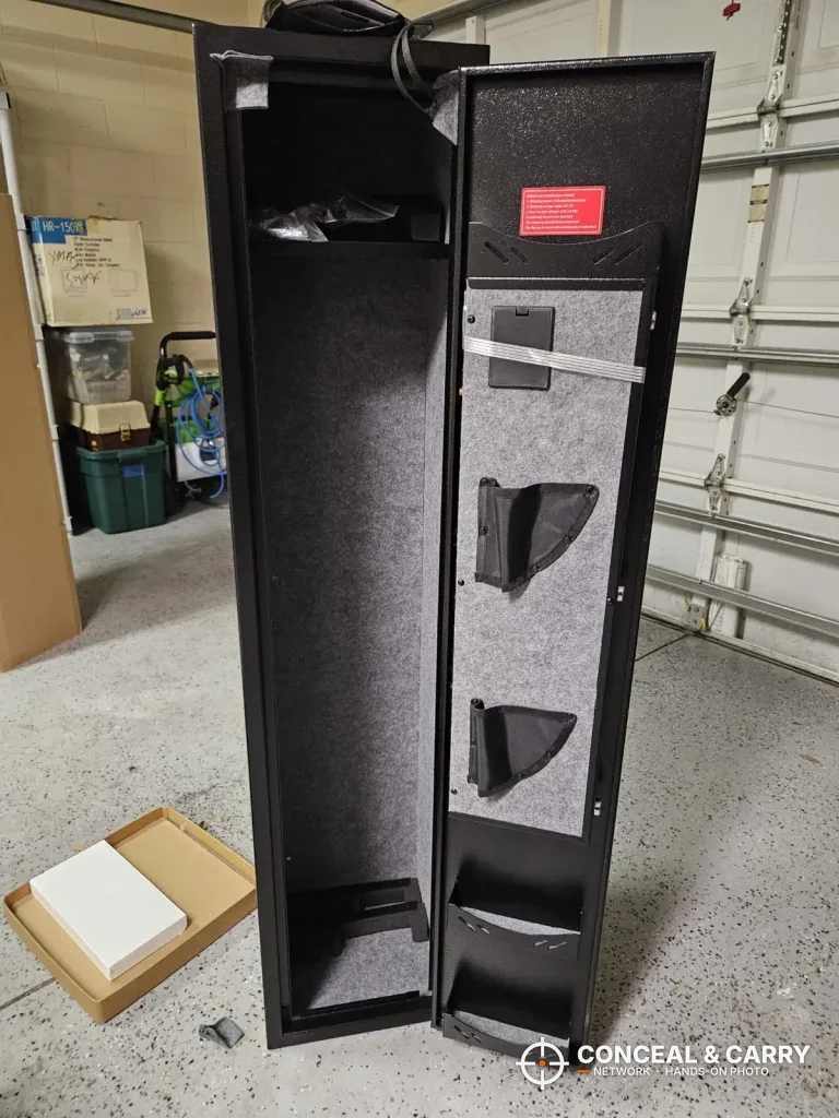 KAER 4-5 gun biometric rifle safe open and empty in a garage after unboxing