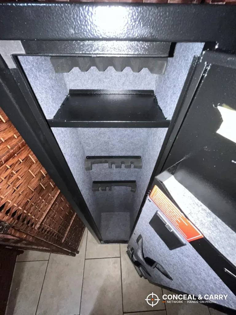 Notched rest and shelf near the top of the KAER 4-5 gun biometric rifle safe